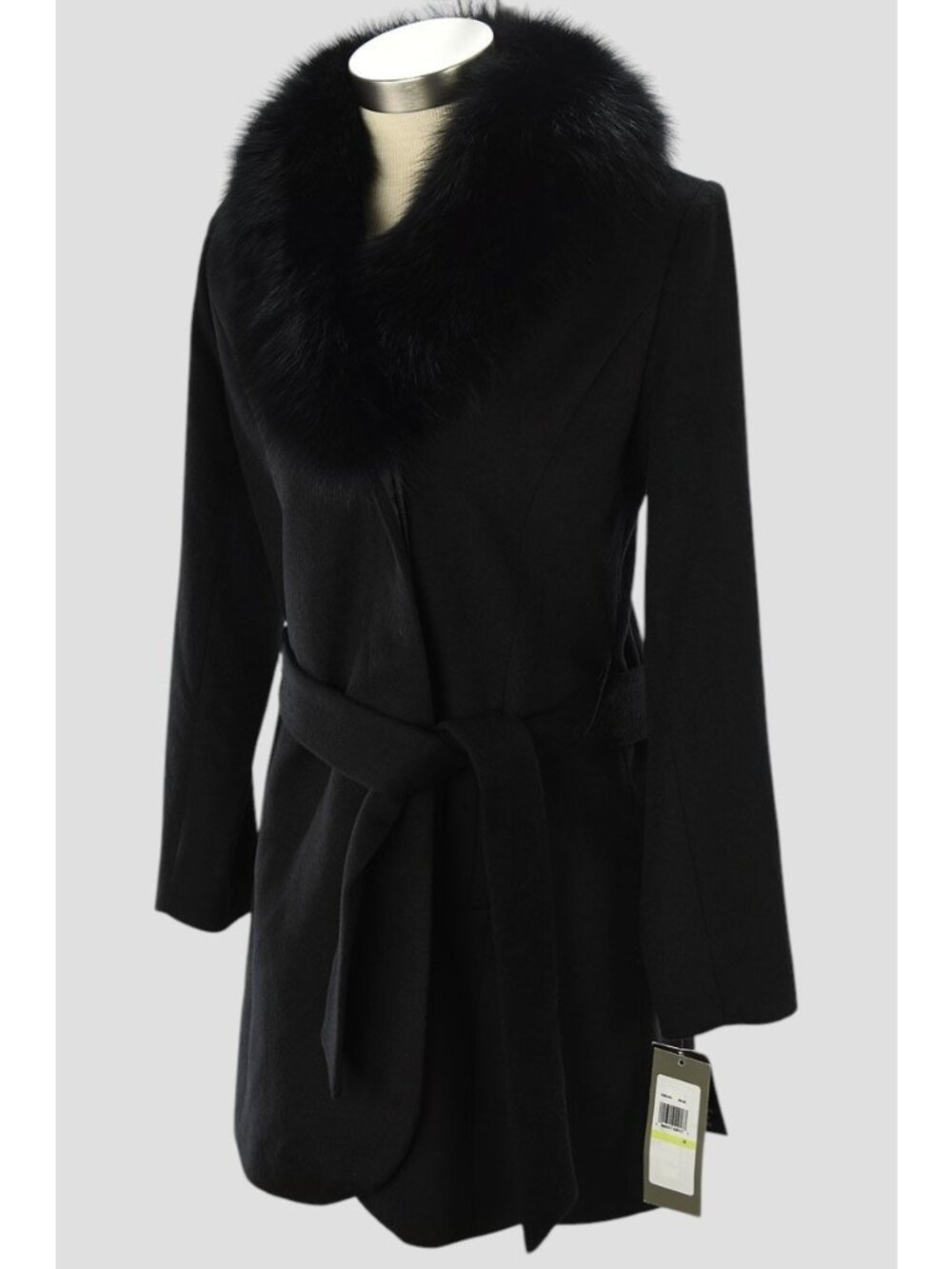 FORECASTER OF BOSTON Black Fox Fur Collar Wool Blend Mid Length Wrap Coat 4 NWT